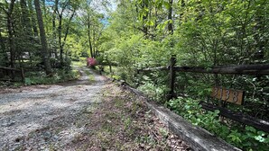 Un chemin de gravier dans une zone boisée, bordé d’une clôture en bois et d’un panneau indiquant le numéro « 8138 ».