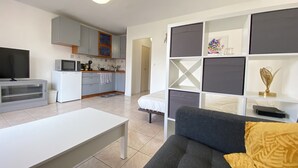 Un espace de vie compact comprenant un coin cuisine, un canapé, une télévision et une bibliothèque.