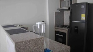 Une cuisine dotée de plans de travail en granit, d’un réfrigérateur noir, d’un four à micro-ondes et d’une cuisinière à gaz.