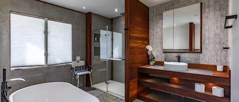 Regadera, secadora de cabello, bidet, toallas