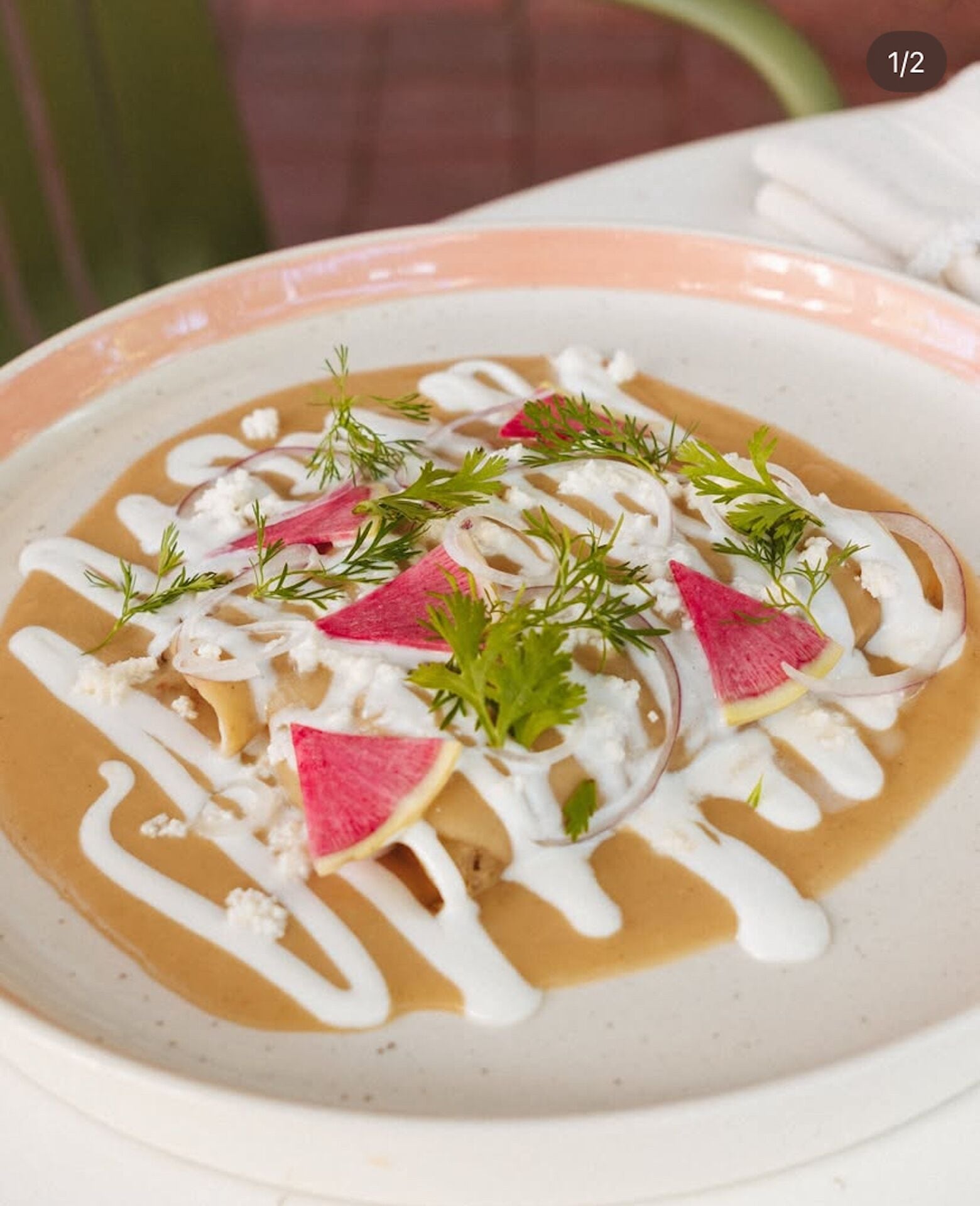 A bowl of soup with a creamy base, garnished with dill and radish slices, and drizzled with a white sauce.
