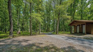 A forested area with a gravel path leading to a wooden cabin. - Namba Cabin - Our Cabin (Great Cacapon)