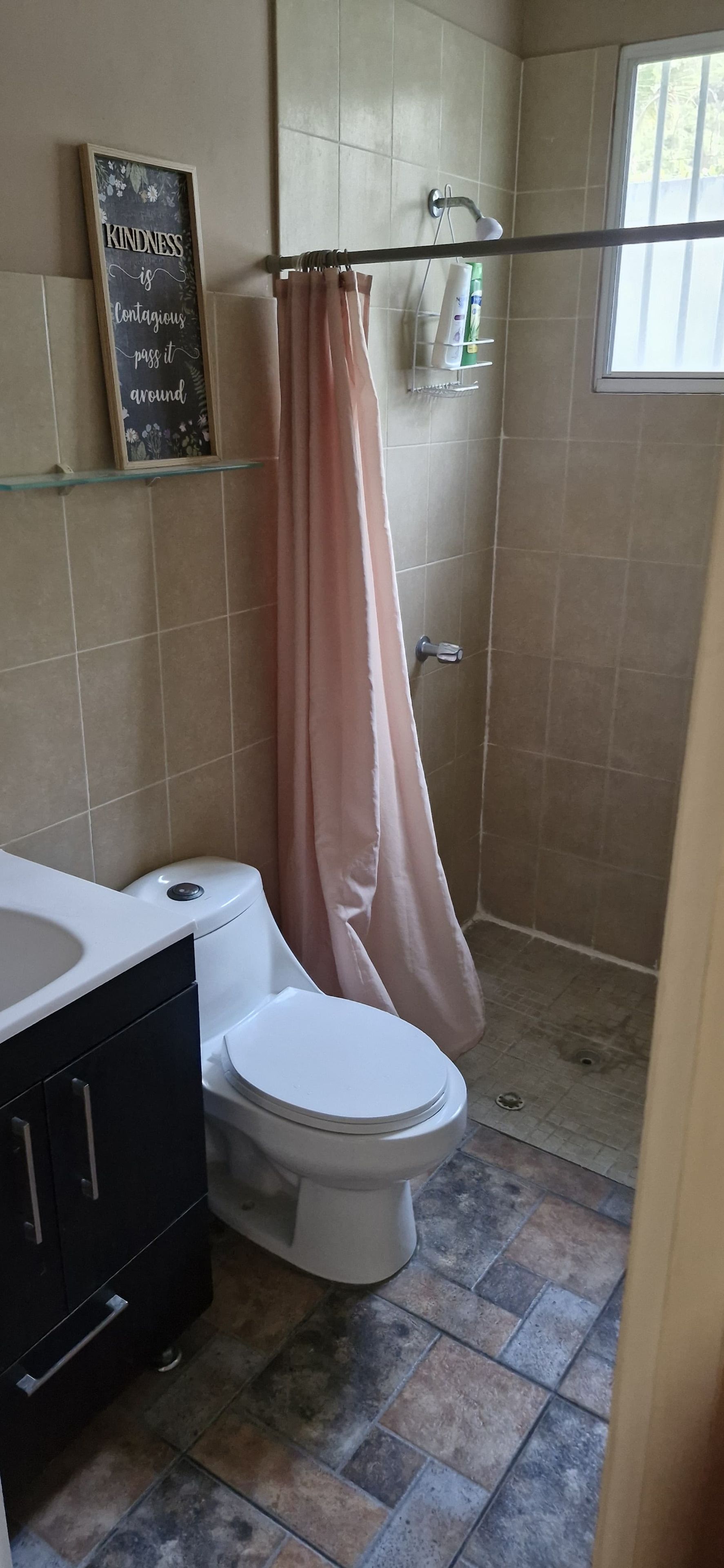 Ein Badezimmer mit Toilette, einer Duschvorhang und einem Ablagefach mit Pflegeprodukten.