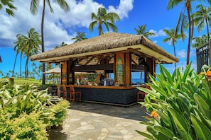 A thatched-roof bar with a stone floor, surrounded by tropical plants and palm trees.