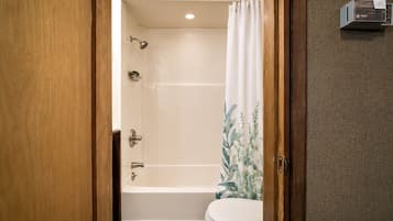 Une salle de bain avec une baignoire, des toilettes et un rideau de douche.