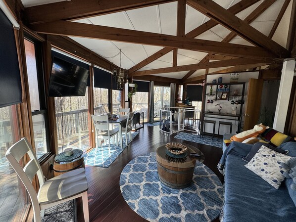 Een smart-tv, een open haard en boeken