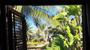 A view through a wooden gate into a garden with palm trees and a stone wall. - Sol e Mar House - Front beach in Serra Grande (Itacaré)