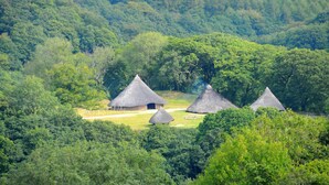 A thatched-roof building surrounded by dense forest. - Penpedwast Upper Barn, Newport (Eglwyswrw)