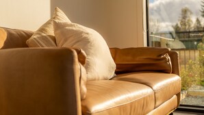 A tan leather sofa with cushions, positioned near a window with a view of mountains. - Ben Ohau Views The Studio (Twizel)