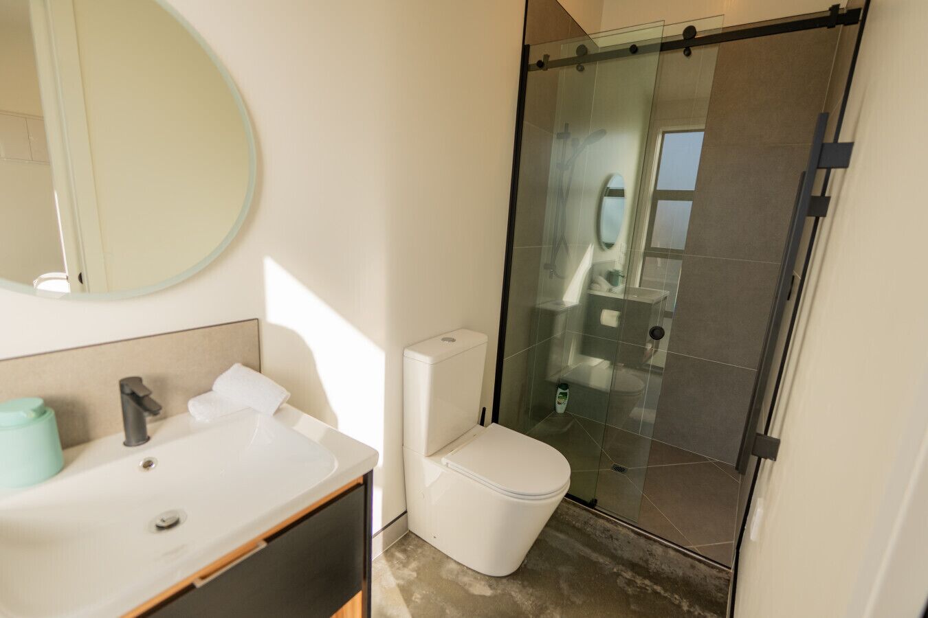 Un baño moderno con ducha envuelta en vidrio, inodoro blanco y lavamanos con espejo.