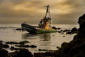 A shipwreck on a rocky shore with overcast skies.