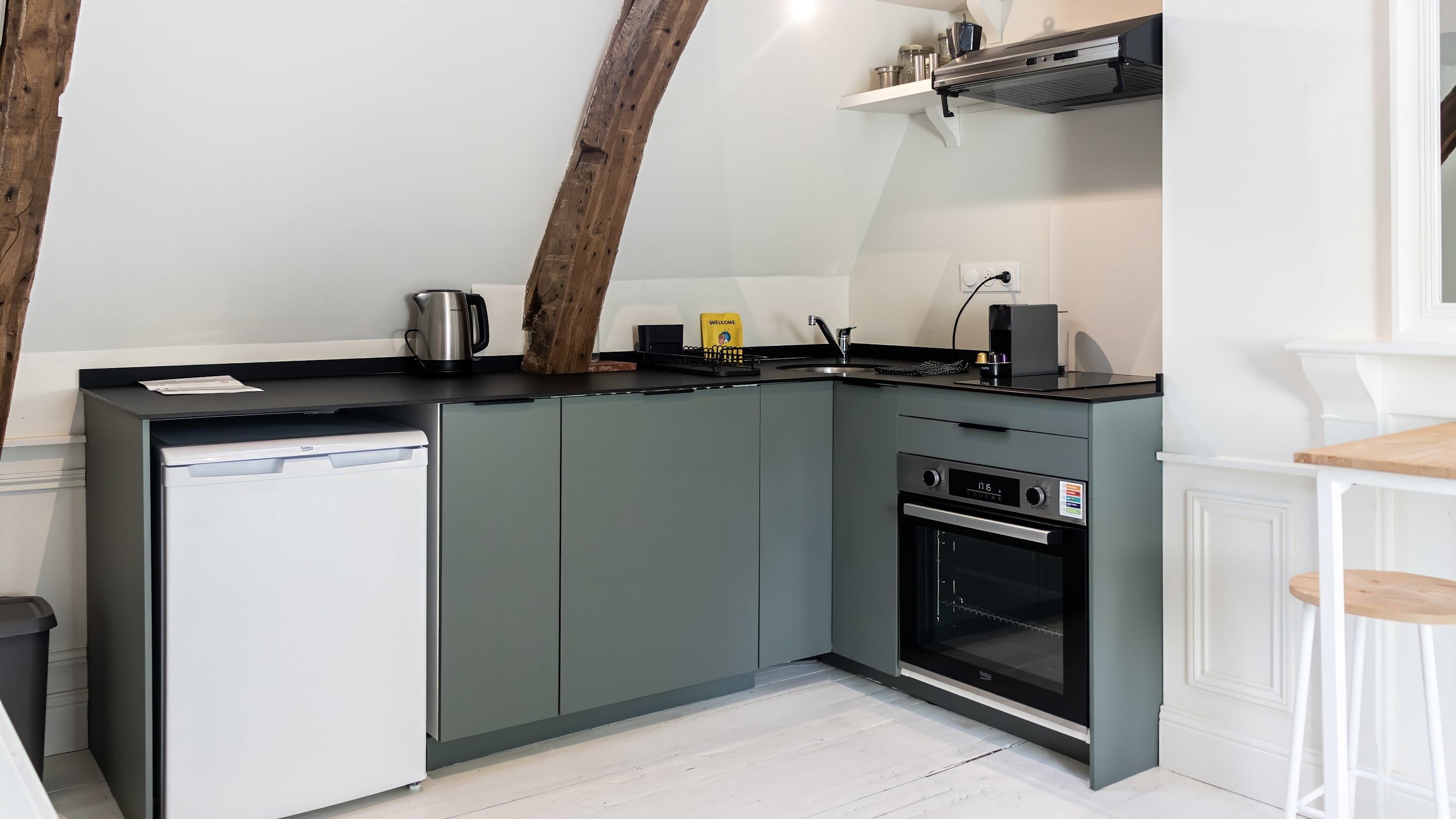 A compact kitchen with a built-in dishwasher, a stove, and a small oven.
