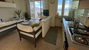 Et moderne køkken med gasblus, et spiseområde med sofa og udsigt til bjerge gennem vinduet.