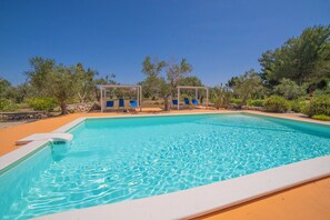 Relax by the serene pool surrounded by lush greenery and shaded seating areas.