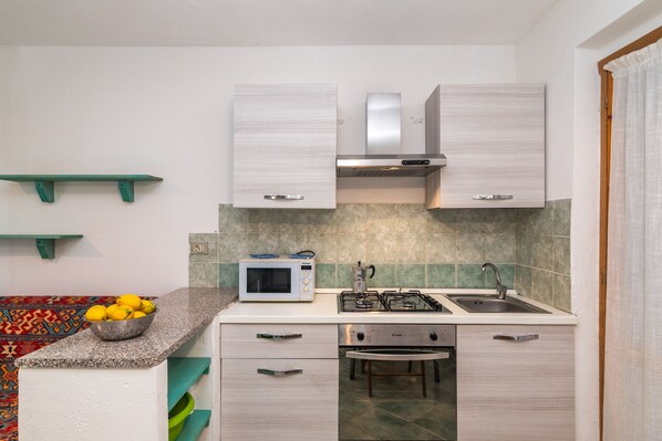 Una cocina compacta con microondas, cocina a gas y un lavabo. Hay un cuenco de limones en la encimera y una alfombra estampada en el suelo.