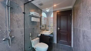 A modern bathroom with a glass-enclosed shower, a toilet, and a sink.