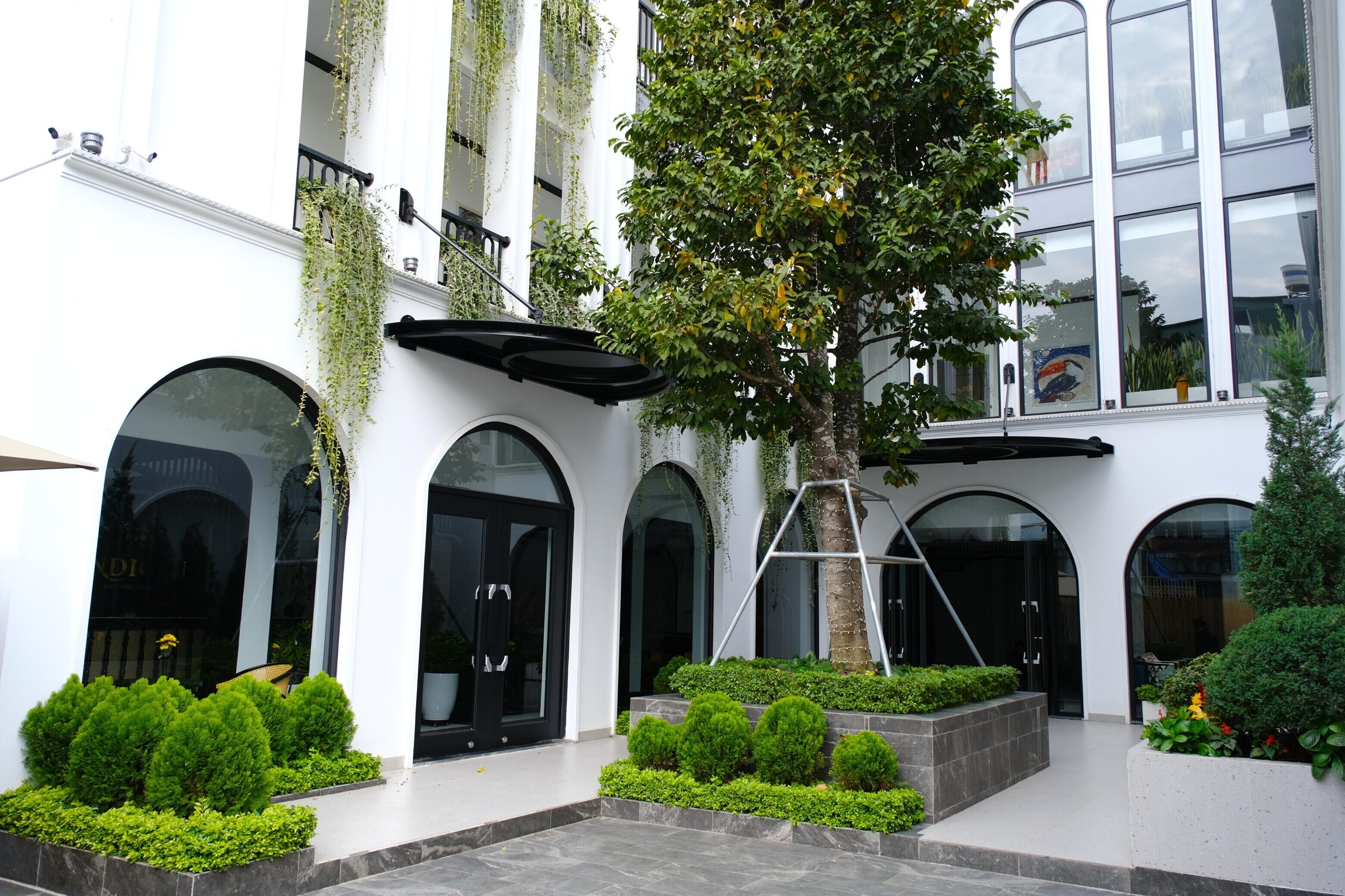 A modern building with arched windows, a central tree, and neatly arranged greenery.