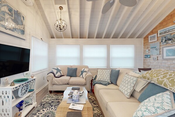 TV, fireplace, DVD player, books