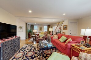 TV, fireplace, DVD player, books