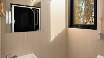 A modern bathroom with a sink, toilet, and mirror.