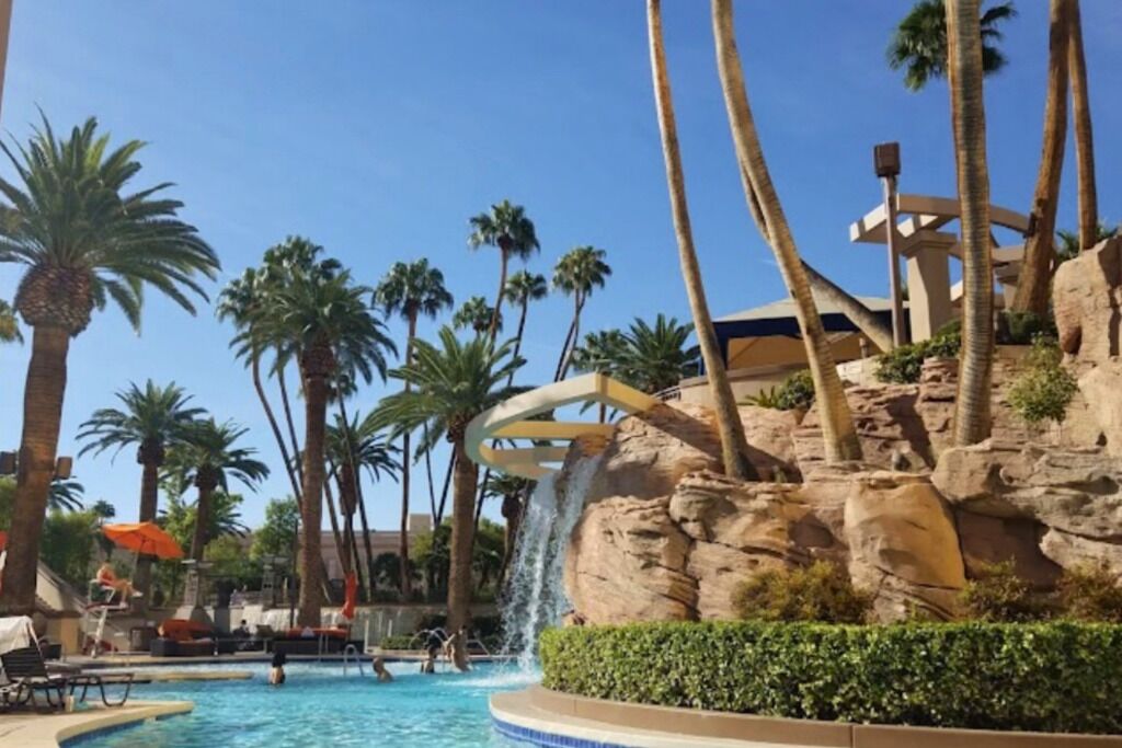 A pool area with palm trees, a waterfall feature, and a rock formation.