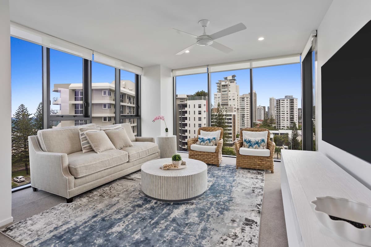 Two Bedroom Two Bathroom Ocean View Apartment - Level 8 | Living area | 45-inch Smart TV with cable channels