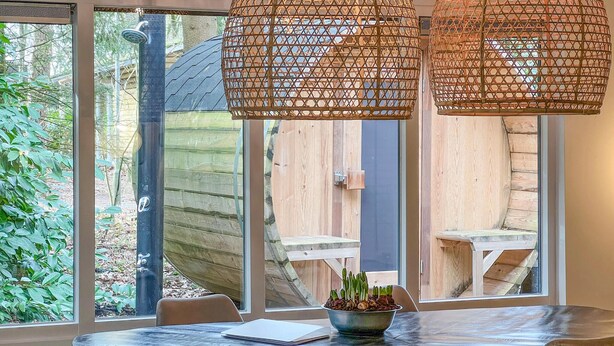 A dining area with a round table, chairs, a bowl of plants, and wicker lamps.