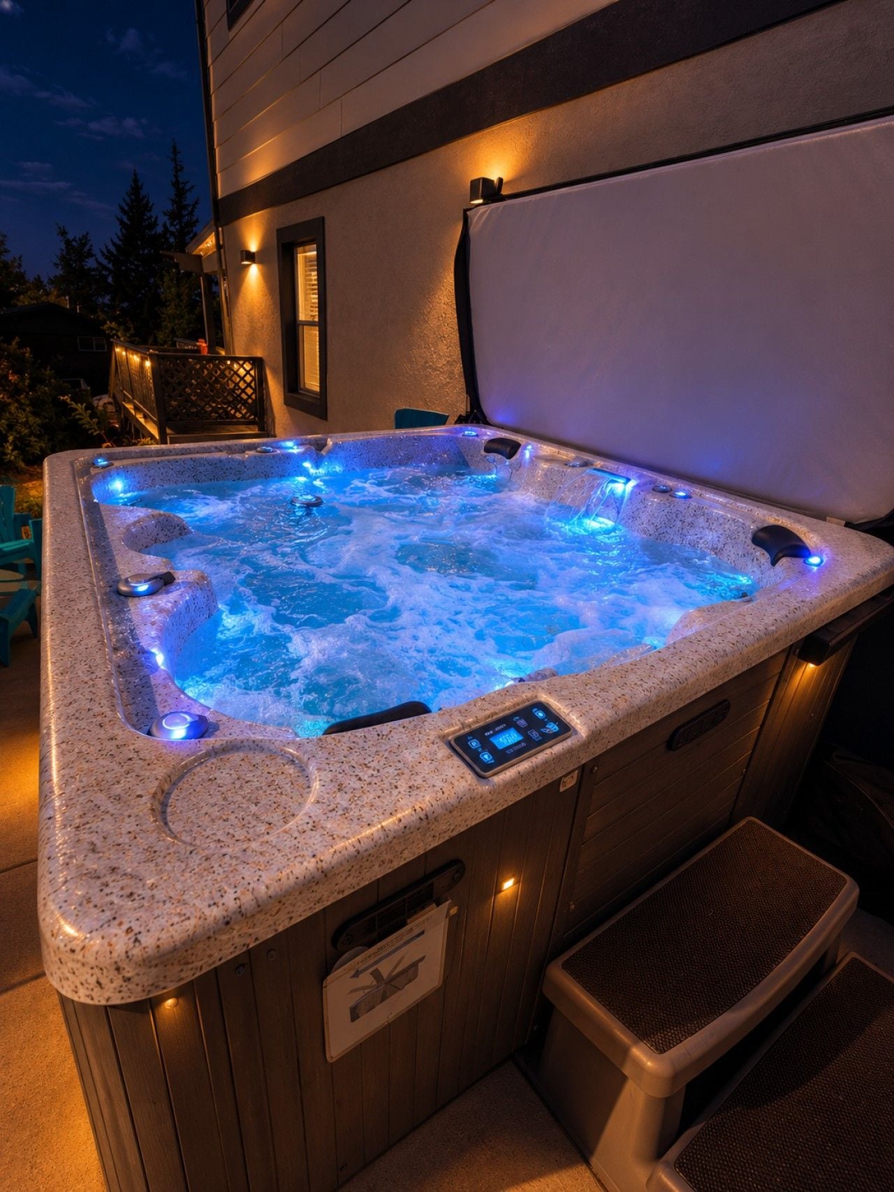 A hot tub with a control panel, surrounded by wooden deck and outdoor furniture.