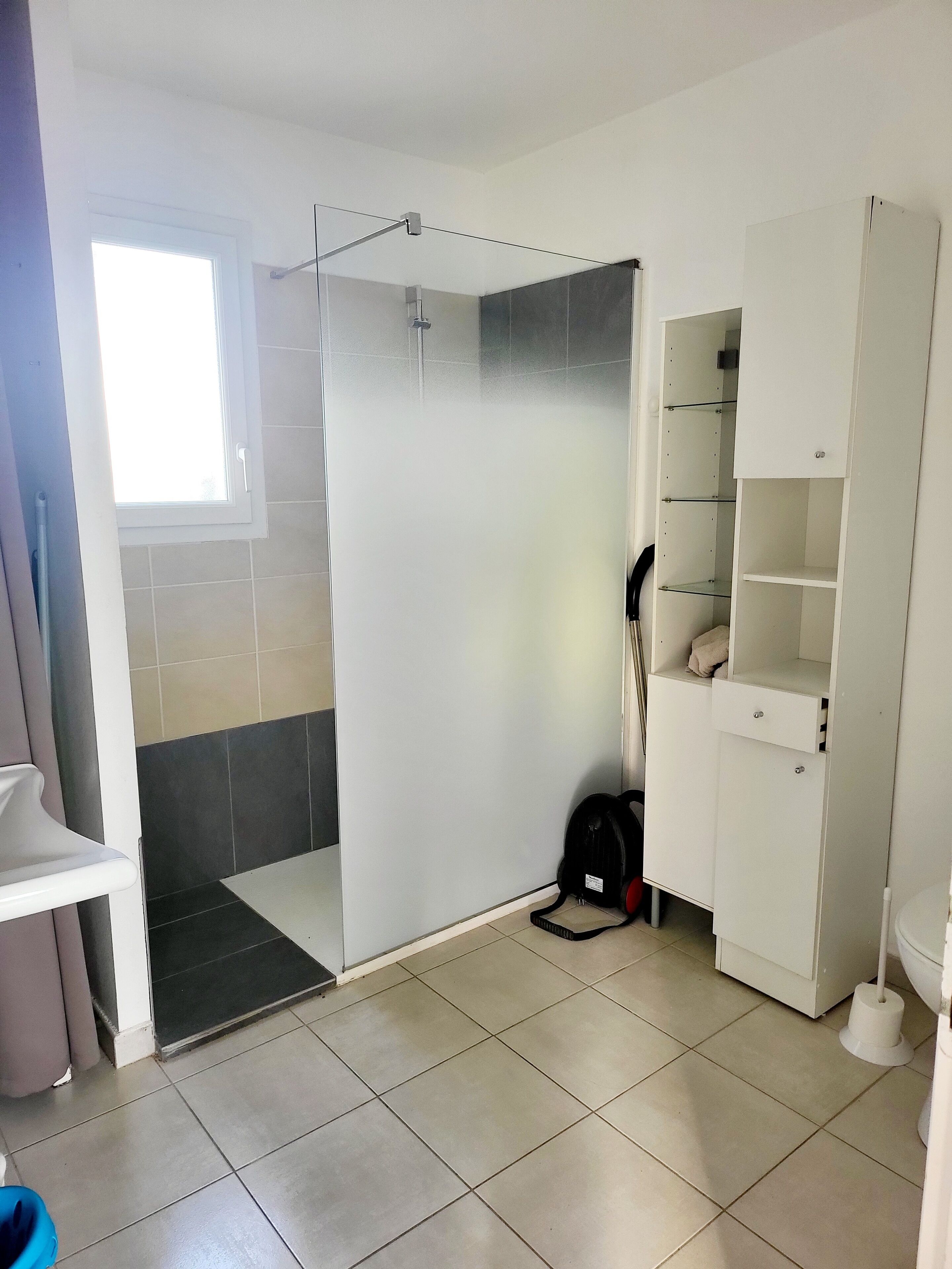 Un bagno con doccia, un water, un lavandino e un armadietto.