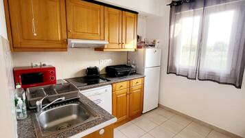 Frigorífico, microondas, placa de cocina y lavavajillas