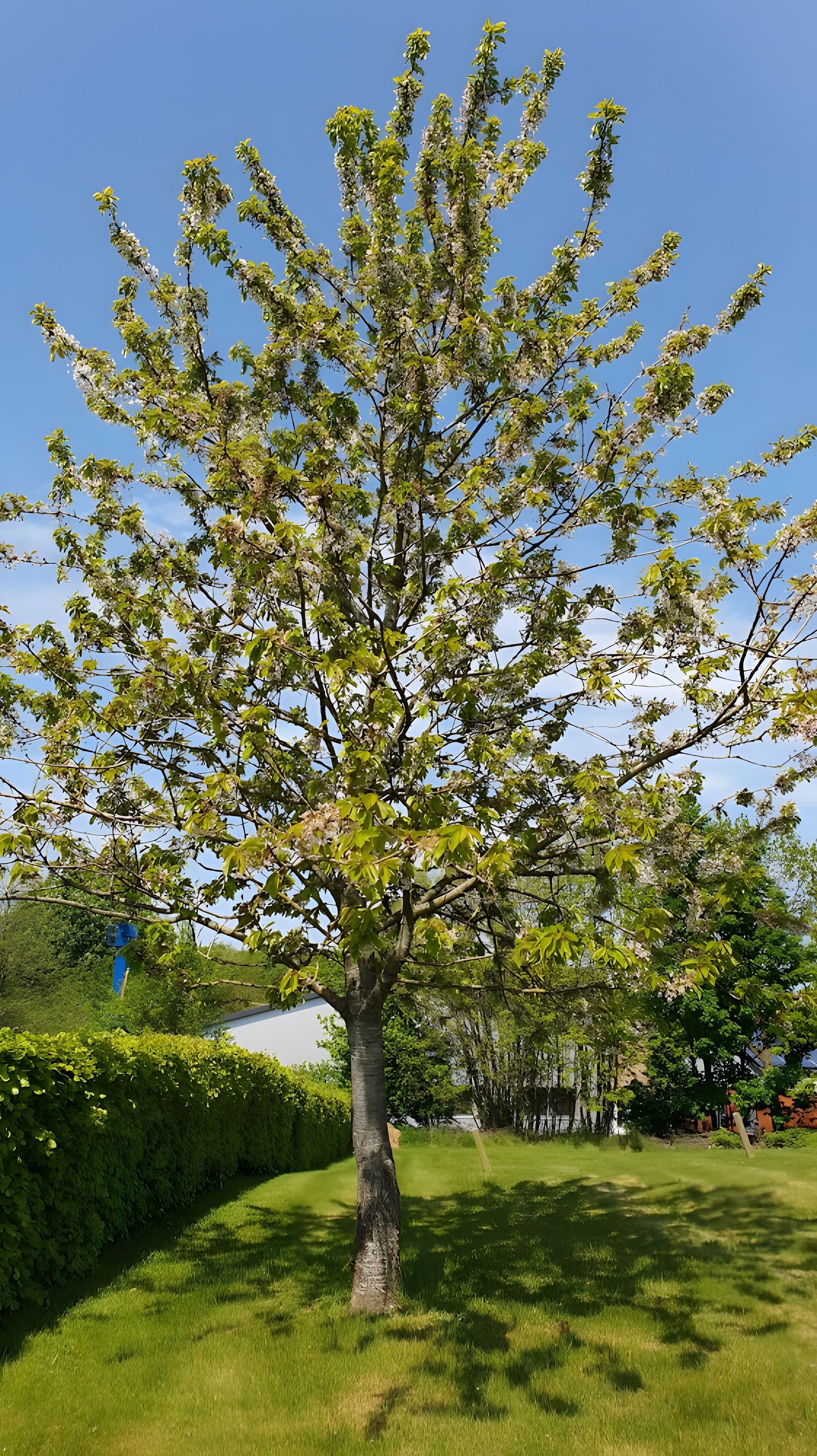 Un arbre amb un tronc robust i un folrage dens, envoltat d'una zona enjardinada i ben cuidada.