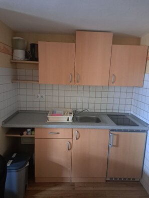 A kitchen with wooden cabinets, a countertop, a sink, and a trash bin. - Pension Andrea: Apartment 3 with Wi-Fi (Herbstein)