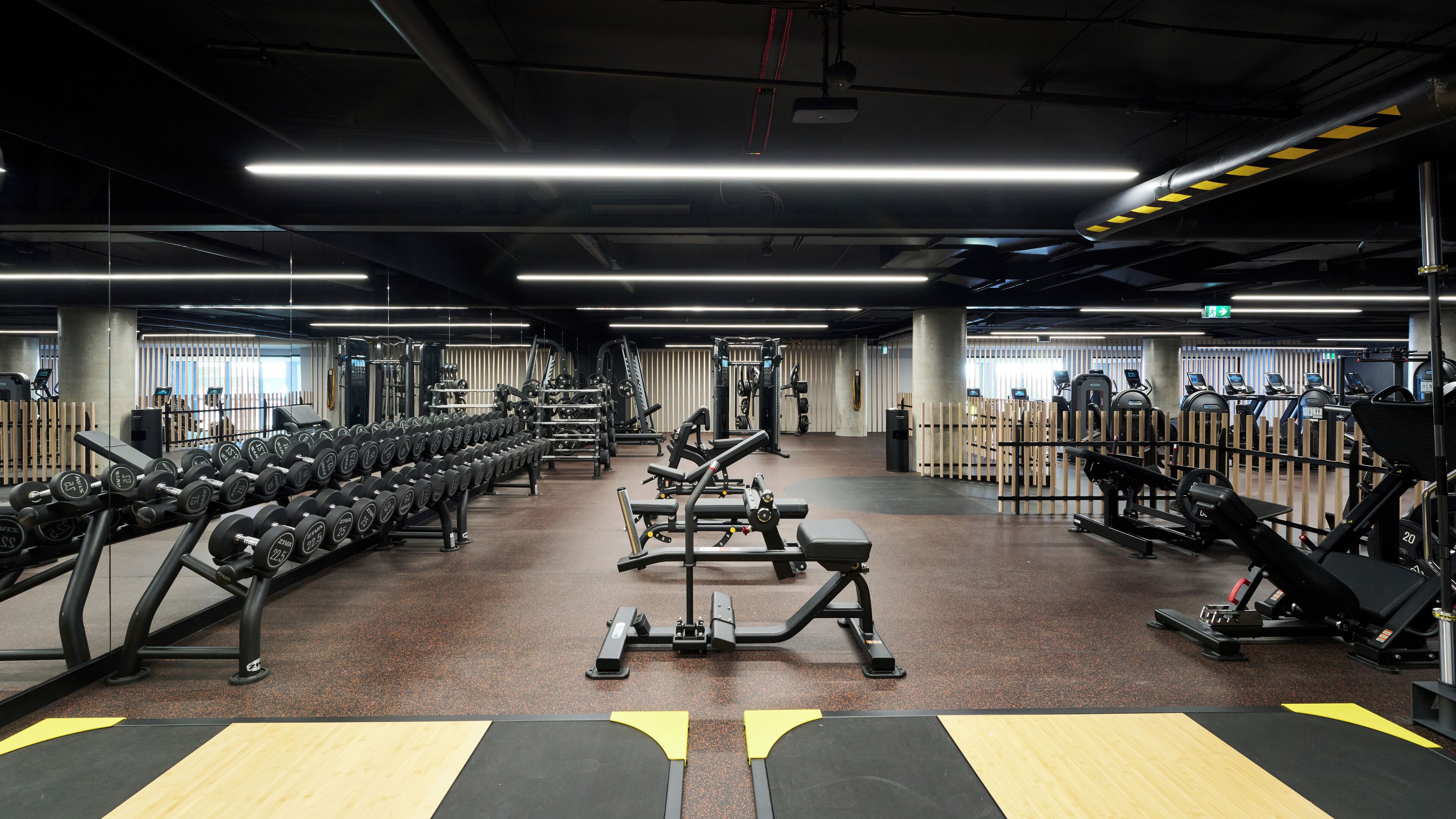 Un gimnasio con diferentes equipos de ejercicio, como mancuernas, bancos y cintas de correr.