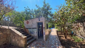 A mosaic-tiled pathway leading to a small building with a door, surrounded by trees and a stone wall.