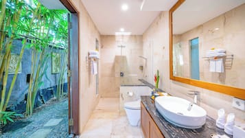 Shower, rainfall showerhead, hair dryer, bathrobes