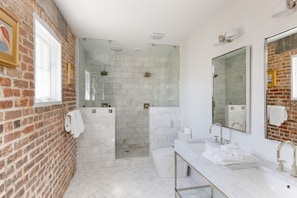 Shower, hair dryer, towels