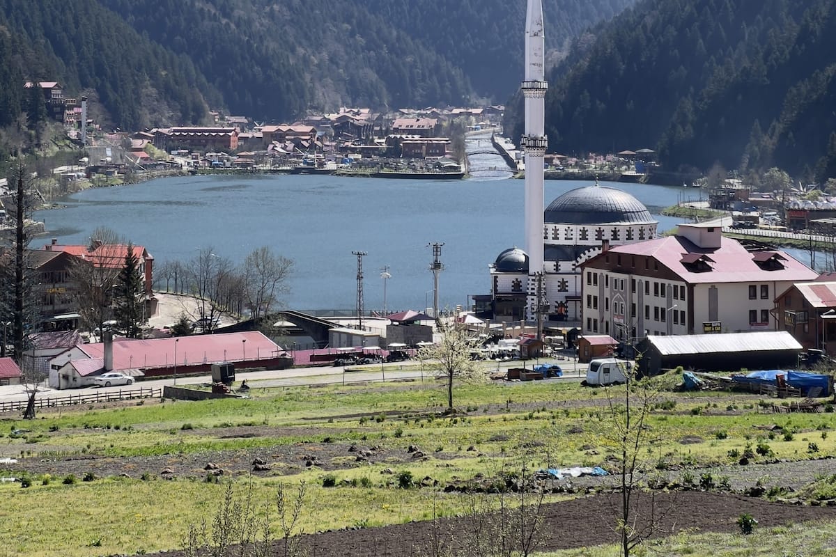 A town with a prominent mosque, a river, and mountains in the background.