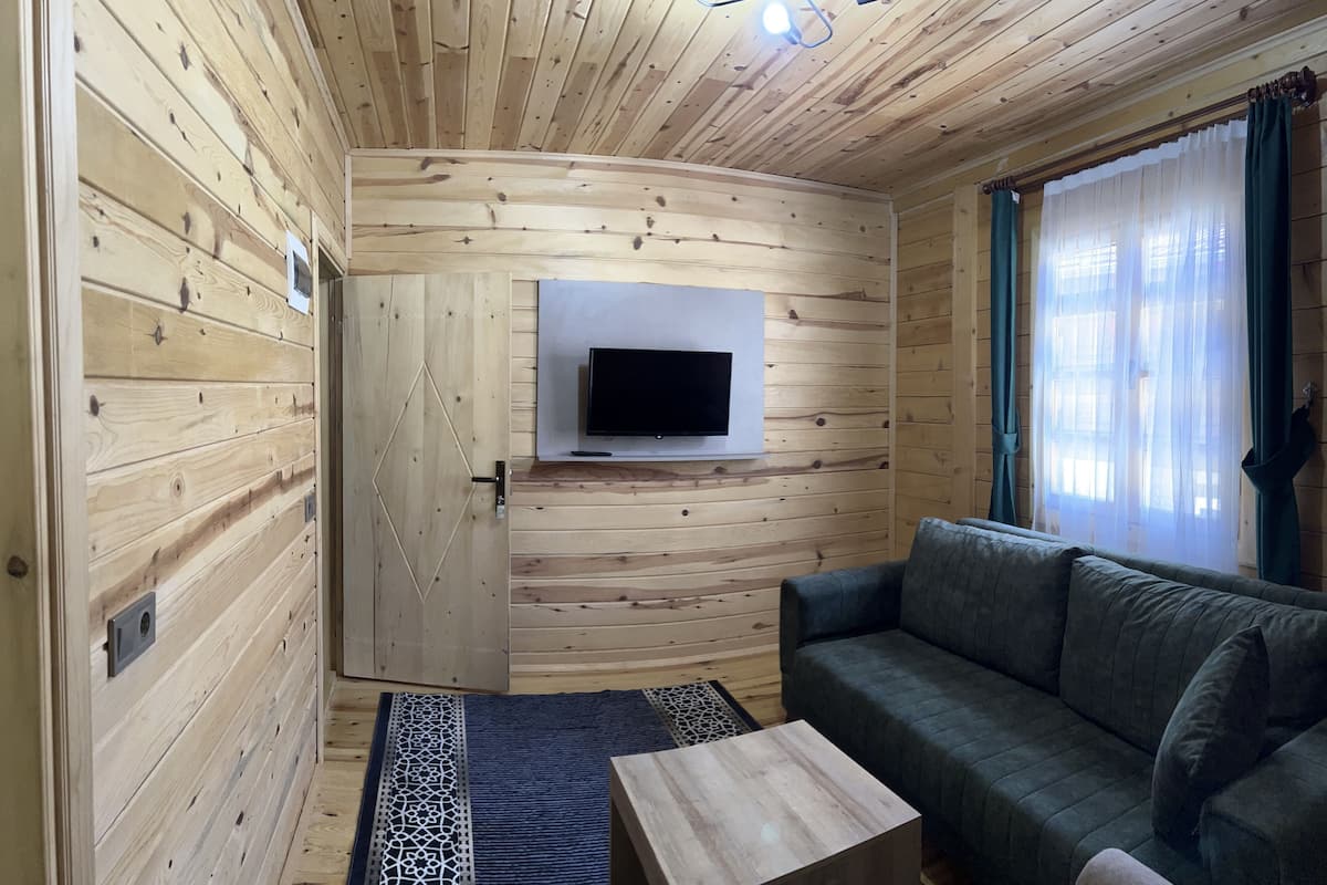 A wooden-paneled room with a sofa, a television mounted on the wall, and a window with curtains.