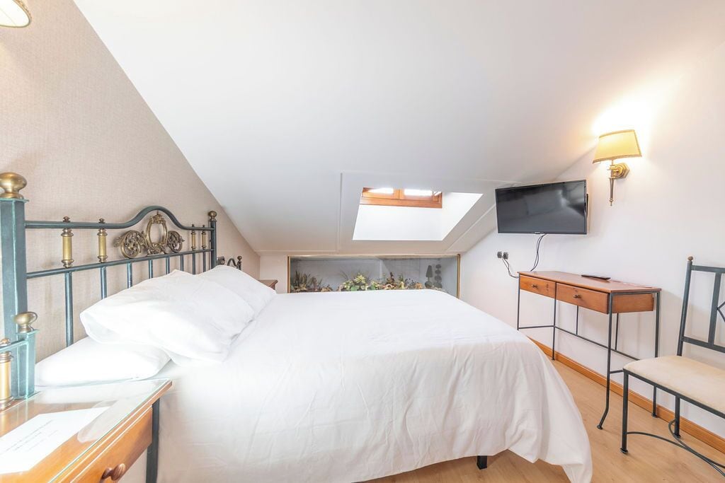 A bedroom with a bed, a desk, a chair, a TV, and a skylight.