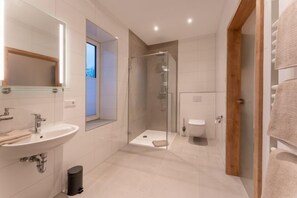 A modern bathroom with a glass-enclosed shower, a sink, and a toilet. - Hof Gerwing - Studio 2, 1-2 Pers (Ahaus-Alstätte)