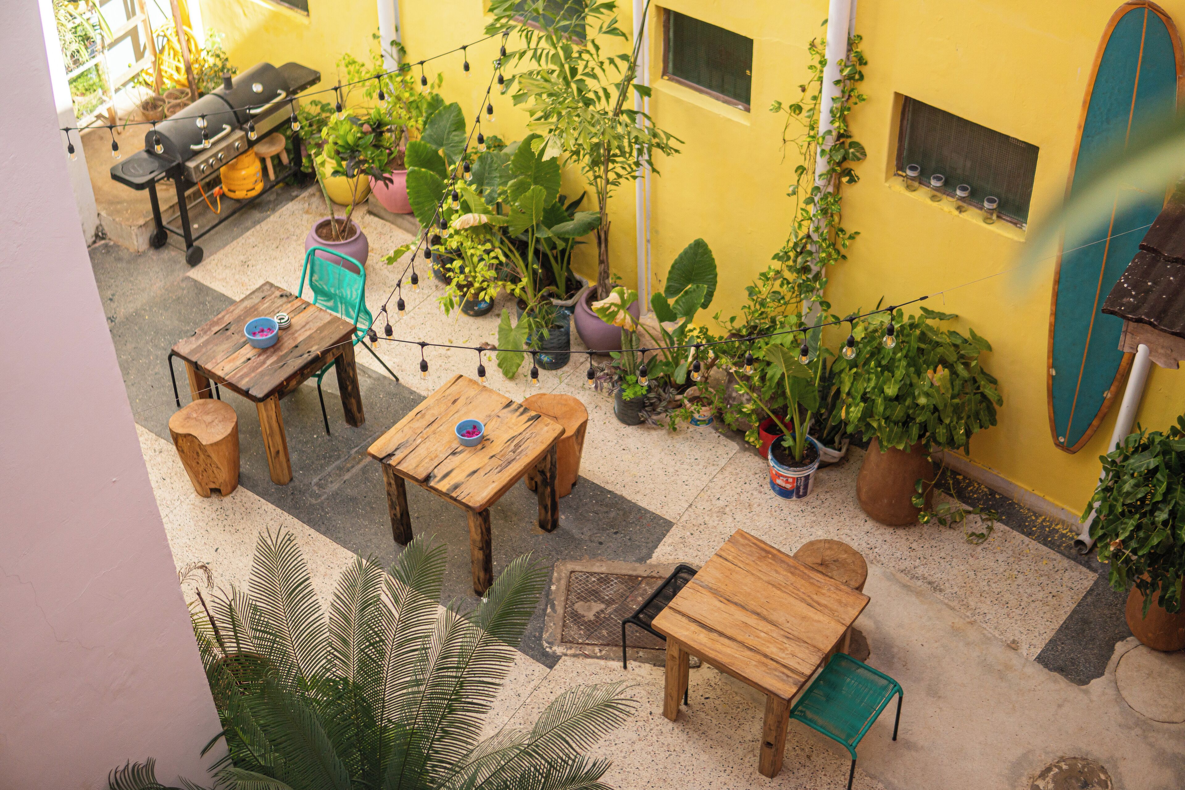 Un área de patio al aire libre con mesas y sillas de madera, plantas en macetas y una tabla de surf apoyada contra la pared.