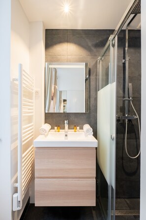 Shower, hair dryer, towels