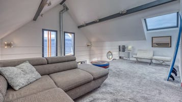 Télévision, cheminée, chaîne hi-fi