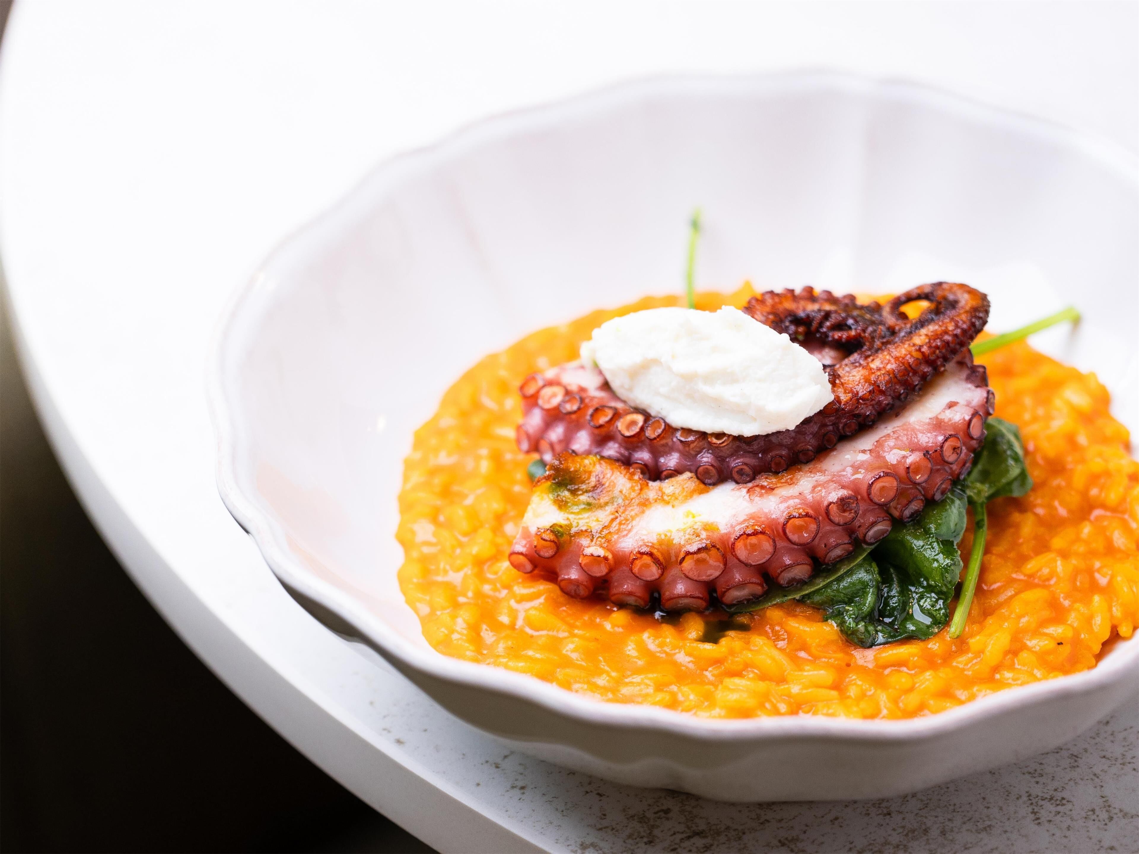 Un plato de comida con pulpo y espinacas.