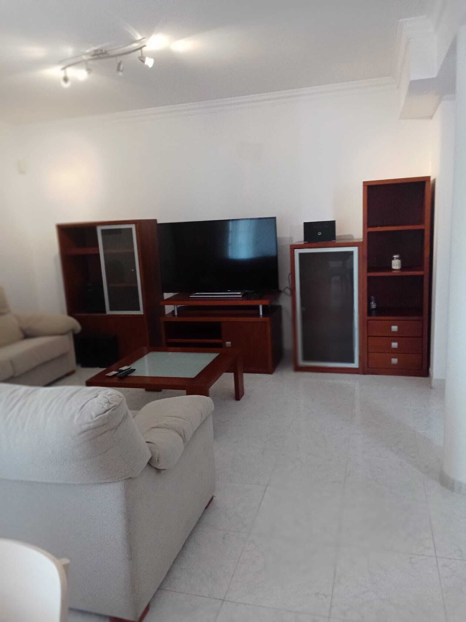 Una sala de estar con un sofá, una mesa de centro, un televisor y armarios de madera.