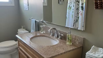 Hair dryer, towels, soap, shampoo
