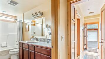 A bathroom with a shower, toilet, vanity, and a large mirror.