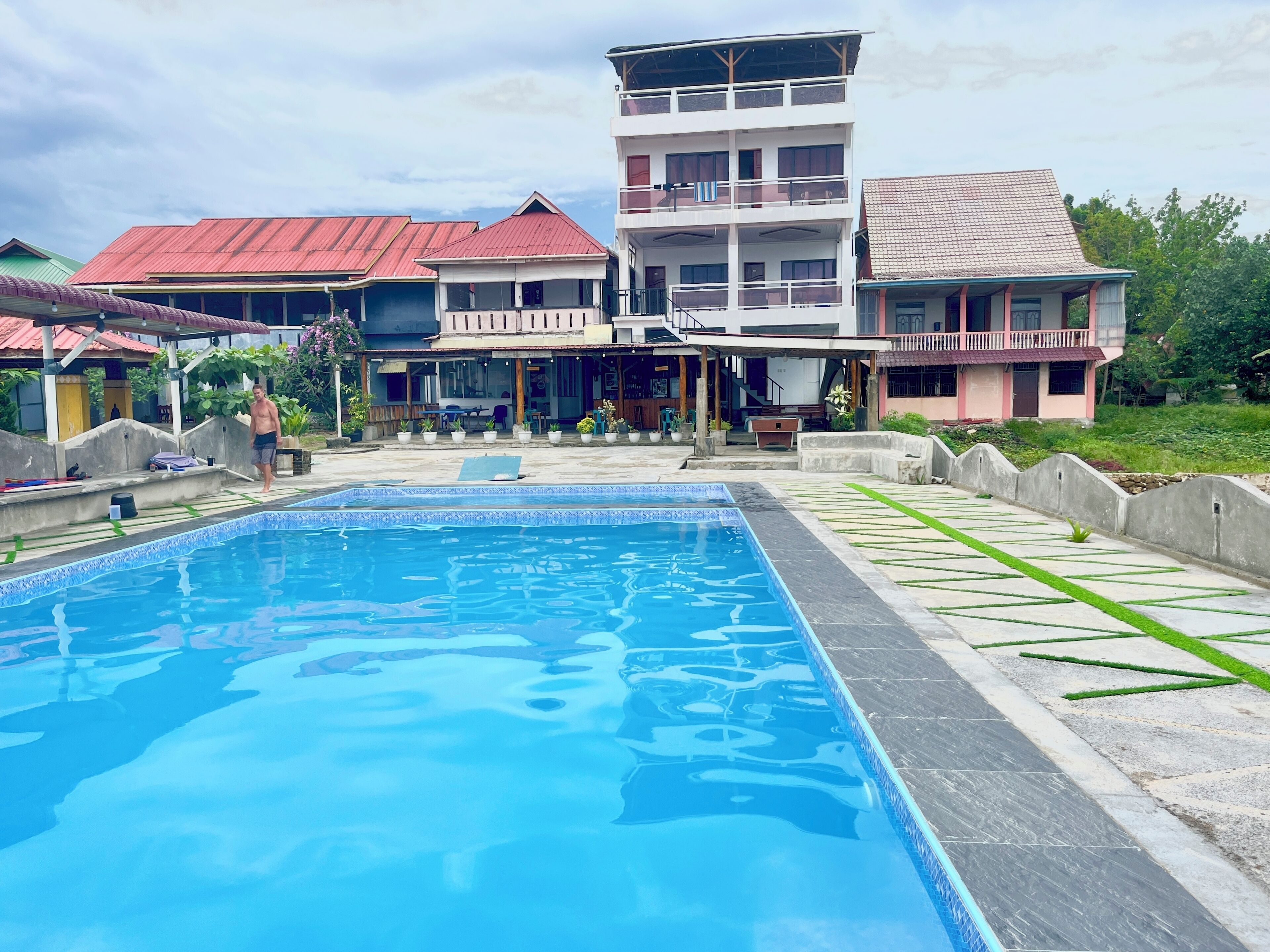 Outdoor pool, pool umbrellas, pool loungers