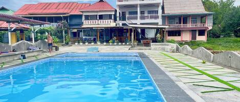 Outdoor pool, pool umbrellas, pool loungers