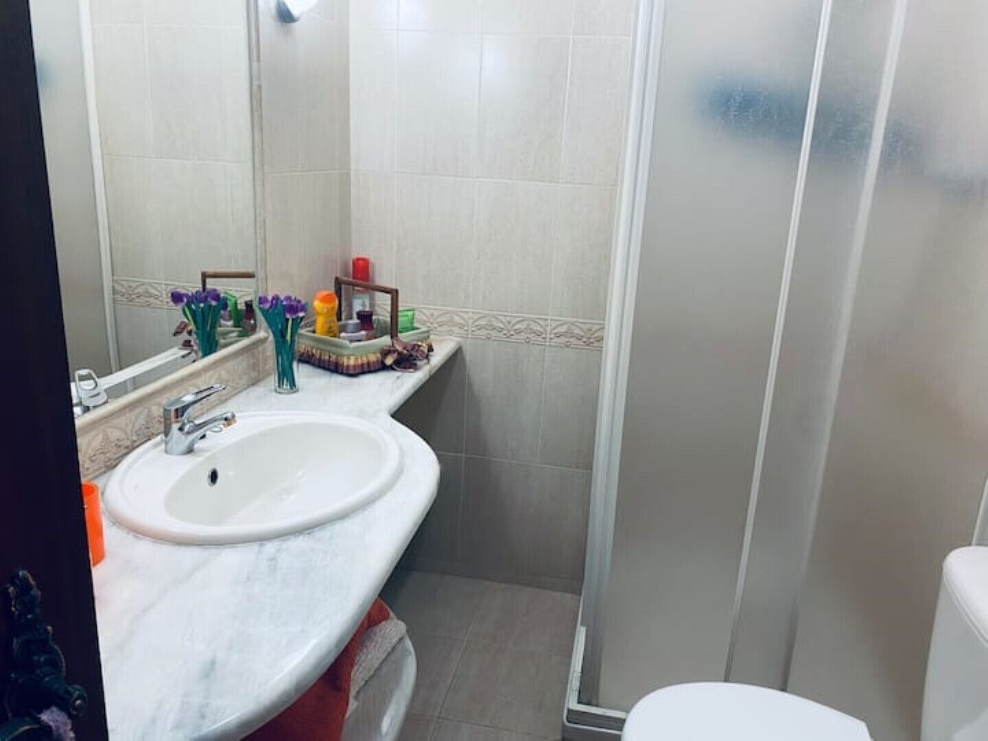 A bathroom with a white sink, a mirror, and a shower area.